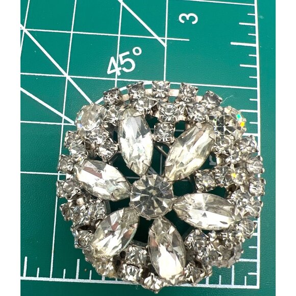 Vintage Rhinestone Brooch Flower Pinwheel Marquise Clear Crystals Silver Tone - Picture 3 of 7